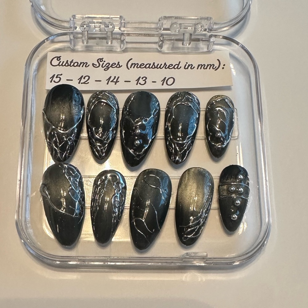 Custom Handmade Black and Silver Press-On Nails